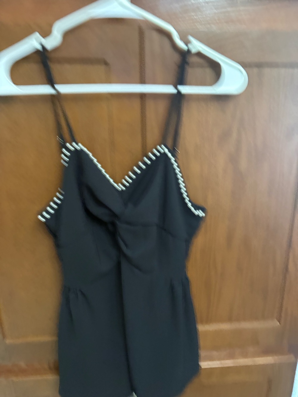 Black Spaghetti Strap Romper with White Beaded Trim